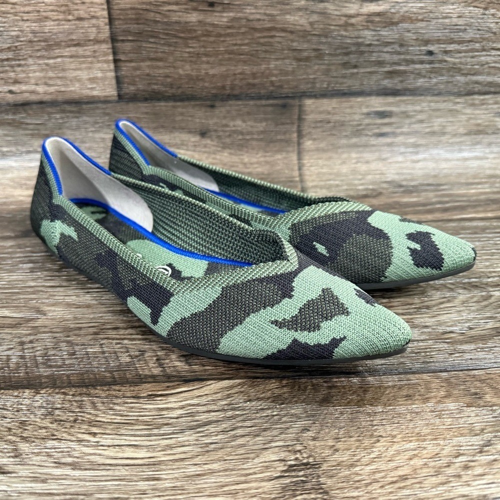 Rothy's The Point Olive Green Camo Ballet Flats with Orange Stripe Shoes Sz 10.5